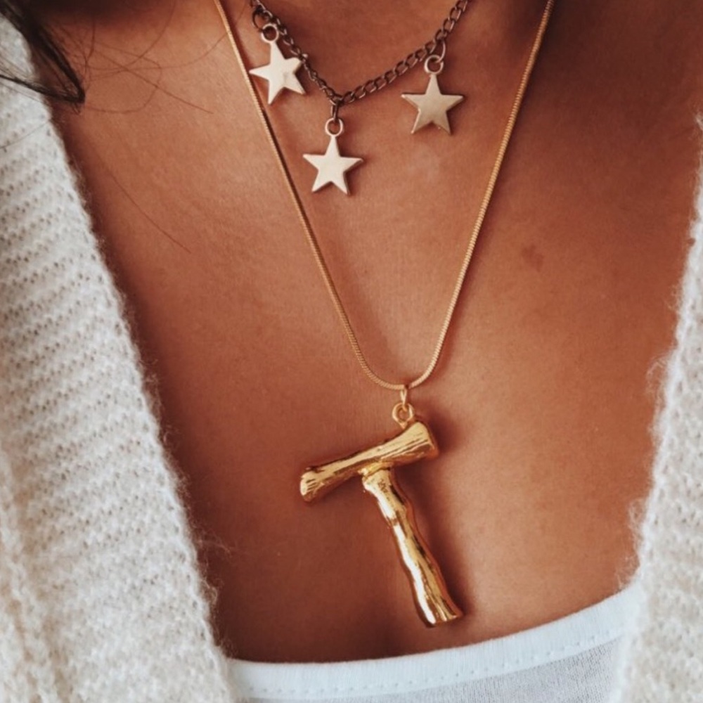 Initial gold plated bamboo necklace letter S